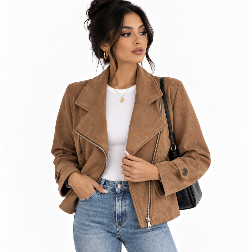 Veste biker effet daim camel Wearviro portée, vue de face