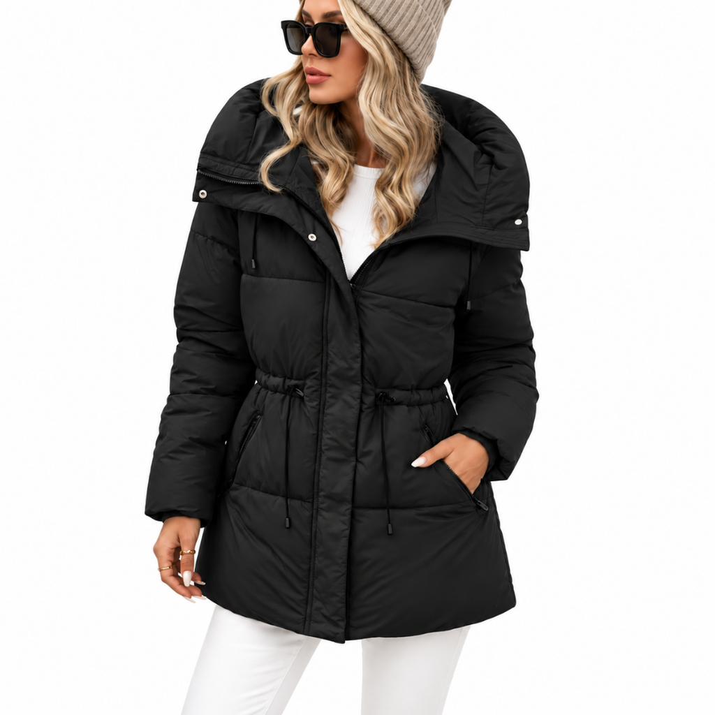 Doudoune longue noire à capuche Wearviro portée, vue de face