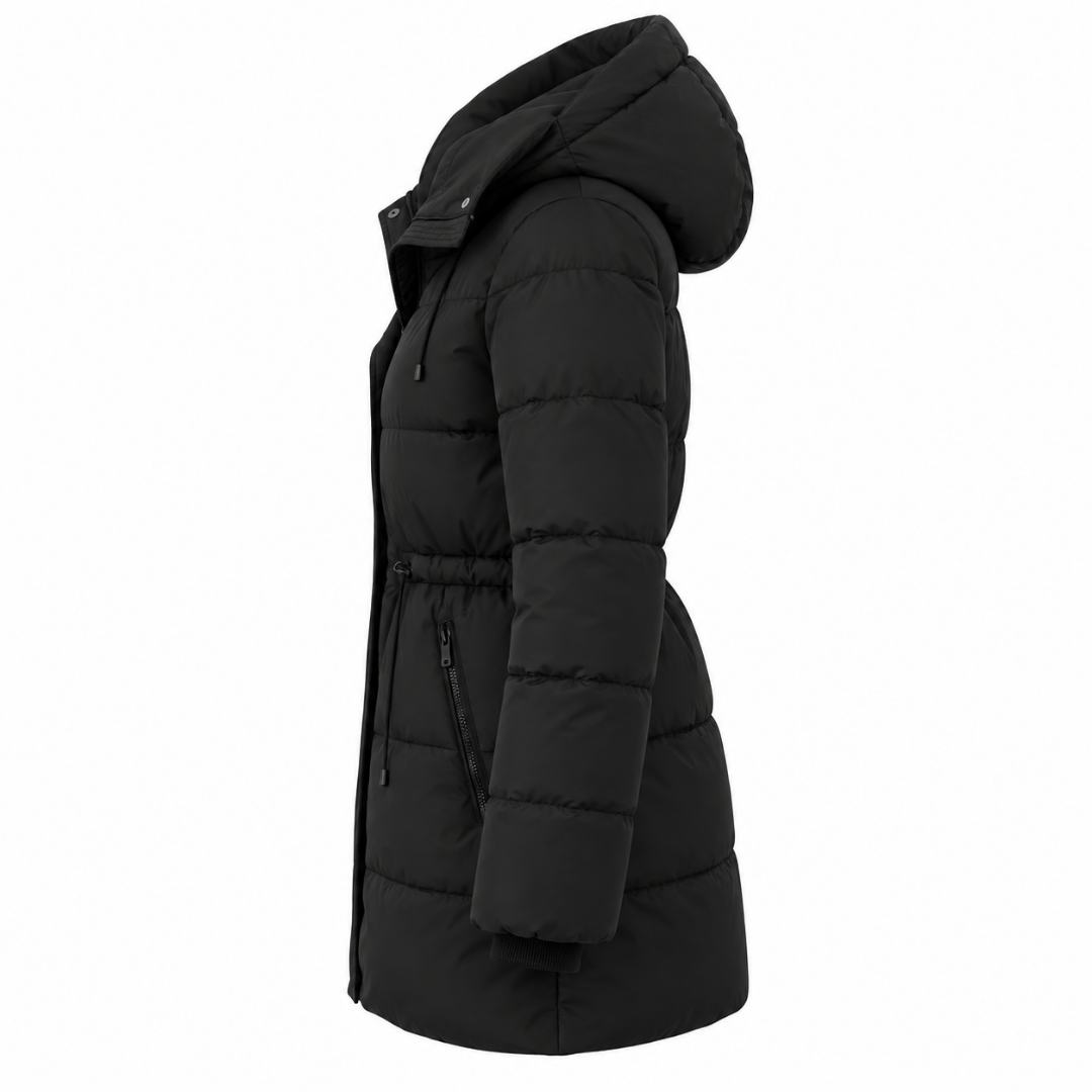 Doudoune longue noire à capuche Wearviro, vue de profil