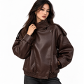 Blouson biker en similicuir marron chocolat Wearviro porté, vue de face