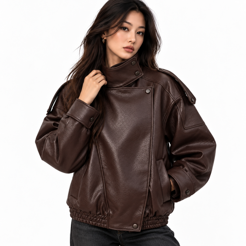 Blouson biker en similicuir marron chocolat Wearviro porté, vue de face