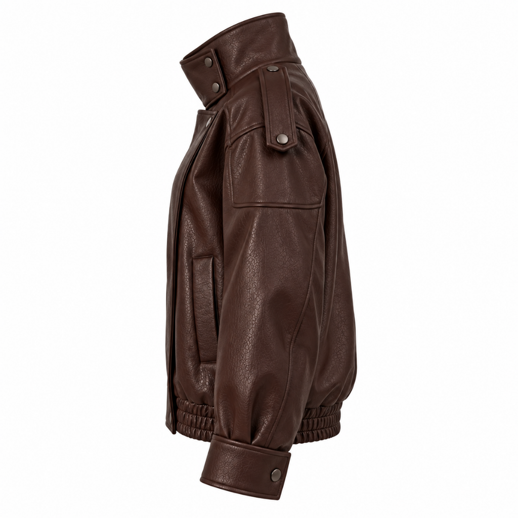 Blouson biker en similicuir marron chocolat Wearviro, vue de profil