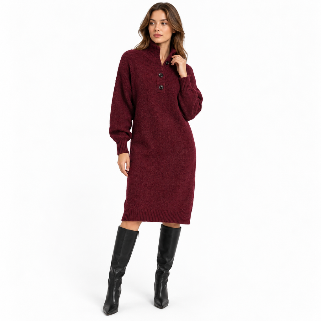 Robe pull oversize à col montant bordeaux Wearviro portée, vue de face
