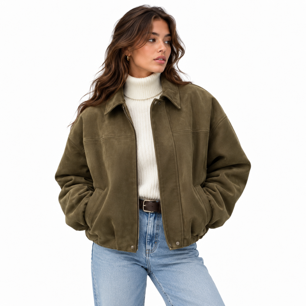 Veste oversize kaki effet daim Wearviro portée, vue de face