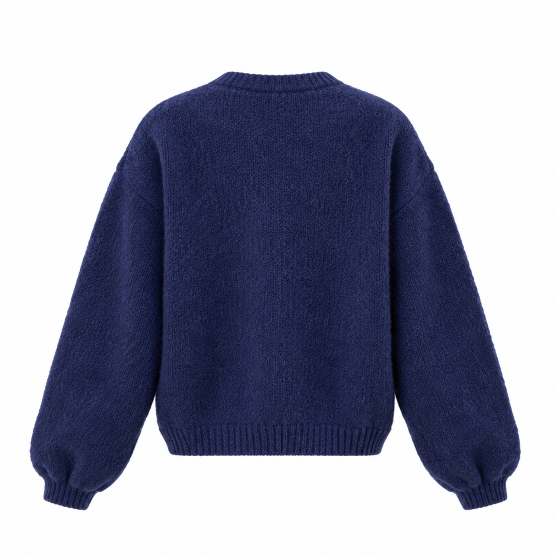 Cardigan femme bleu marine en maille douce Wearviro, vue de dos