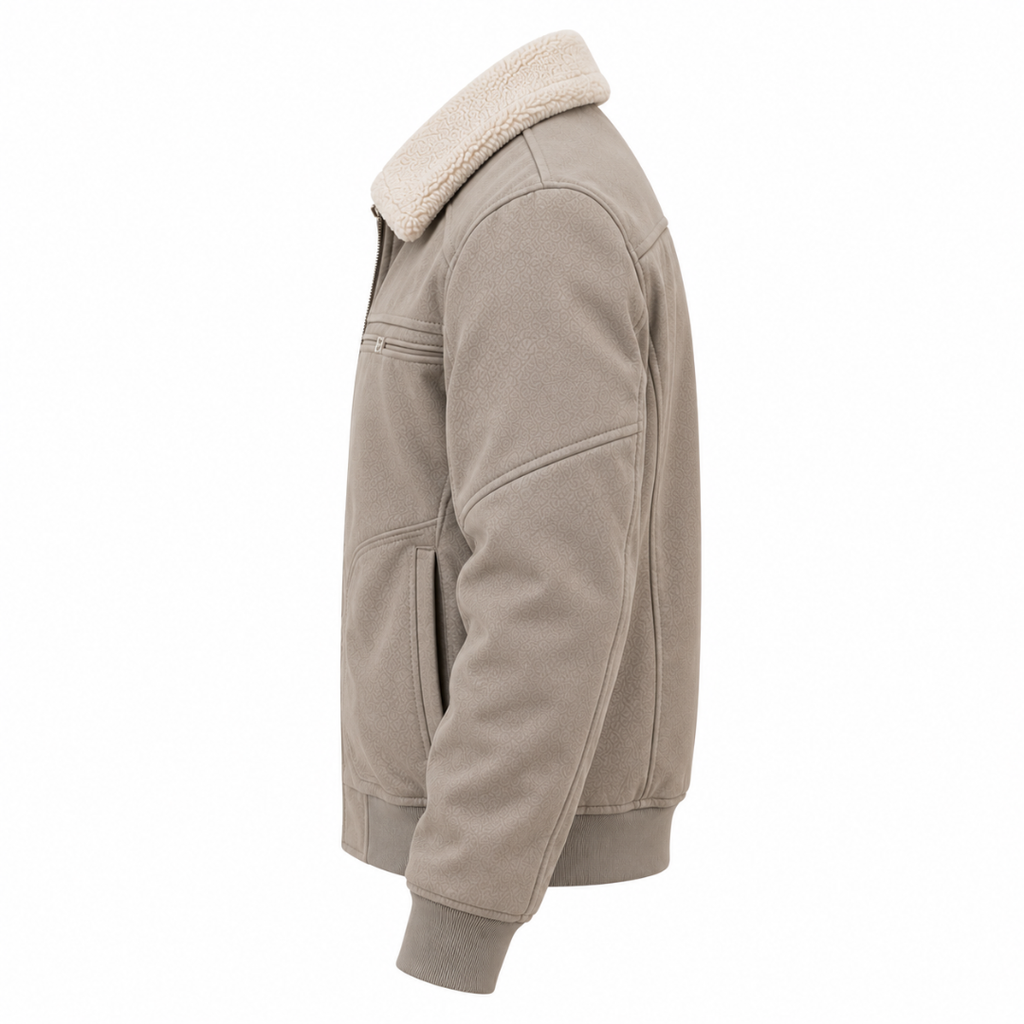 Veste aviateur en daim beige Wearviro avec col mouton, vue de profil