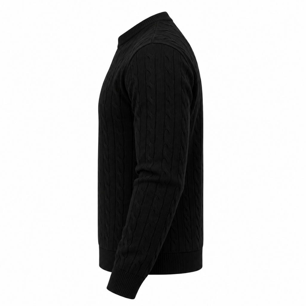 Pull homme noir en maille torsadée Wearviro, vue de profil