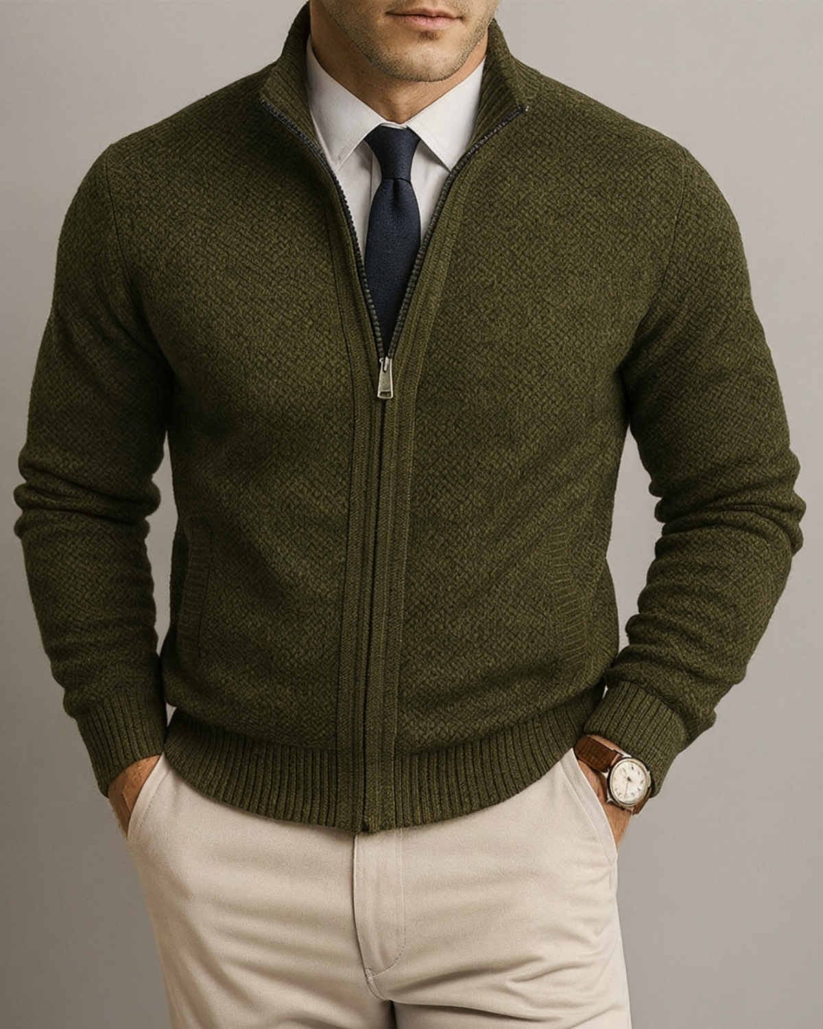 Gilet Zippé Homme En Maille – Col Montant