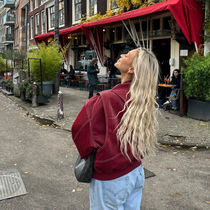 Veste Bomber Femme Oversize en Similicuir – Surpiqûres Contrastées