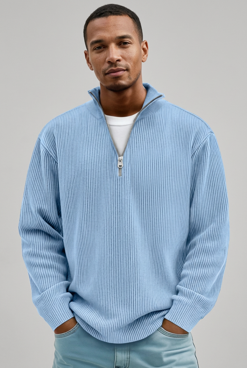 Pull Camionneur Homme En Maille Côtelée – Demi-Zip
