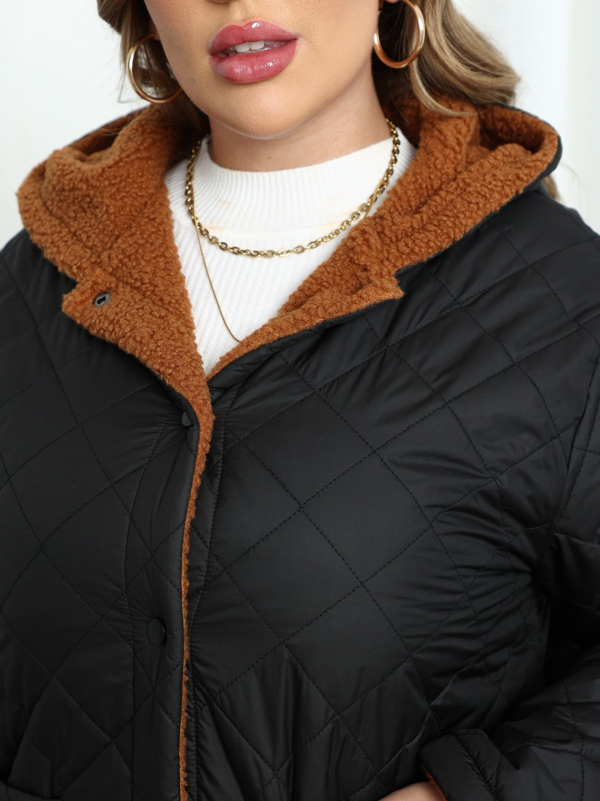 Veste Matelassée Femme Grande Taille Doublée Sherpa – Boutons-Pression