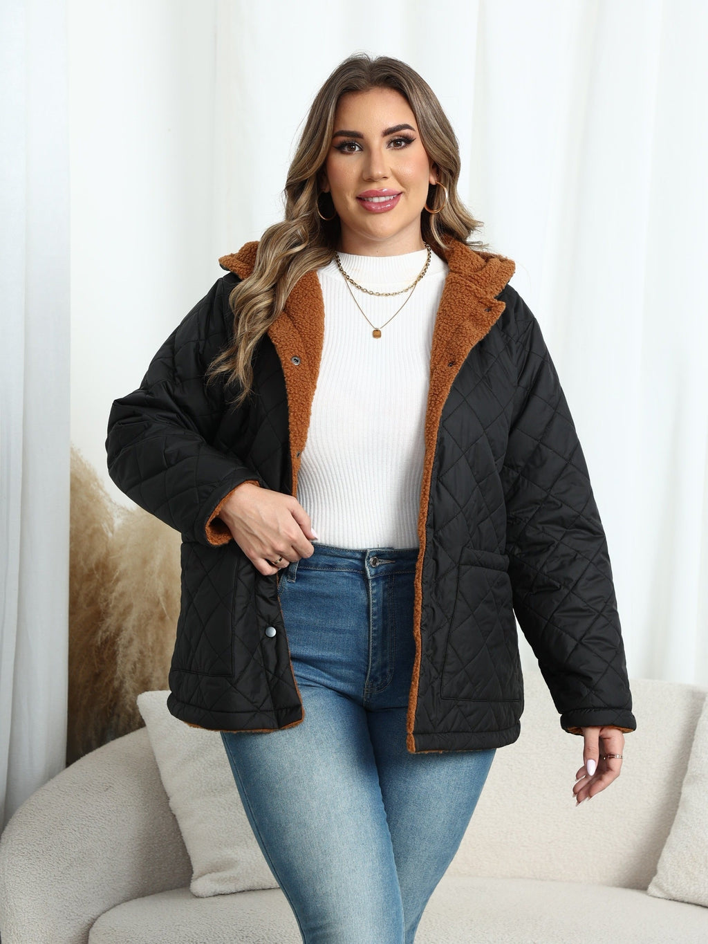 Veste Matelassée Femme Grande Taille Doublée Sherpa – Boutons-Pression