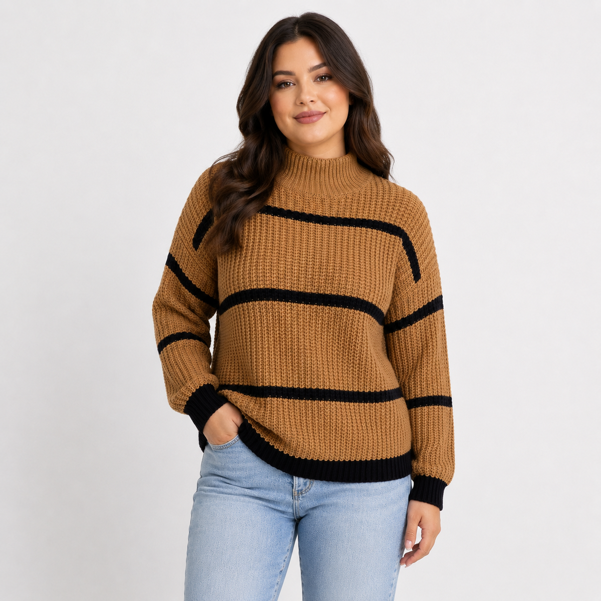 Pull Femme Grande Taille Rayé – Col Montant