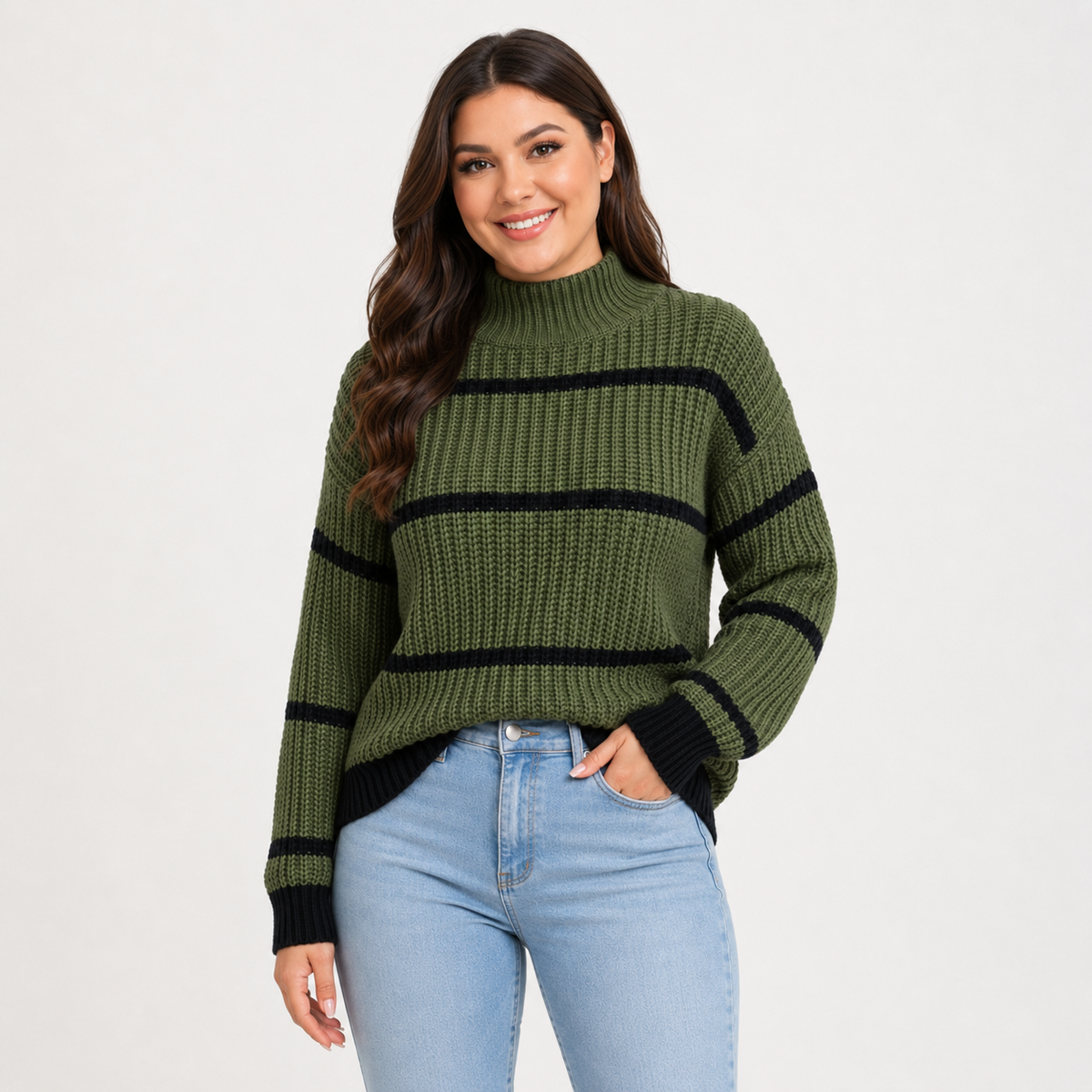 Pull Femme Grande Taille Rayé – Col Montant
