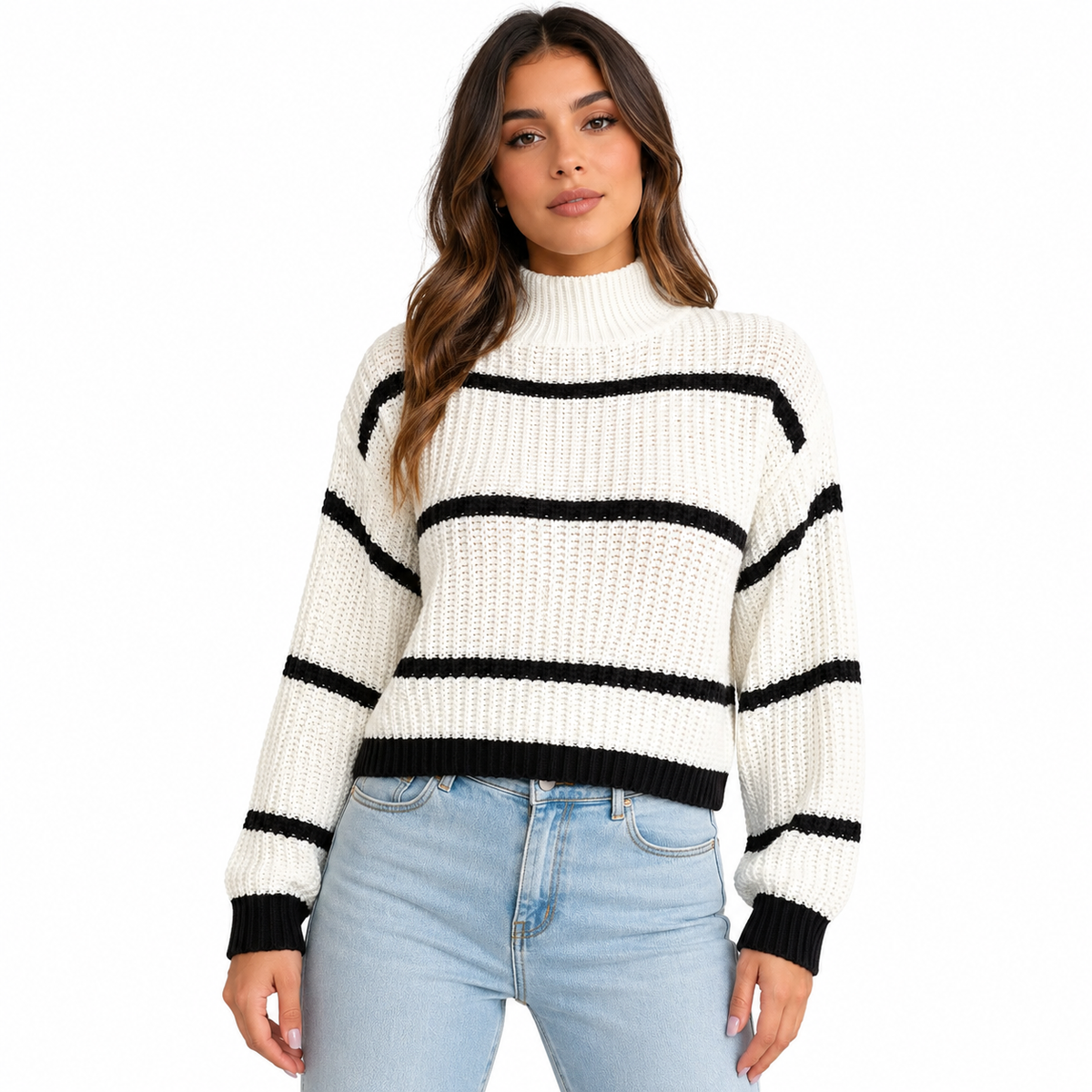 Pull Femme Grande Taille Rayé – Col Montant