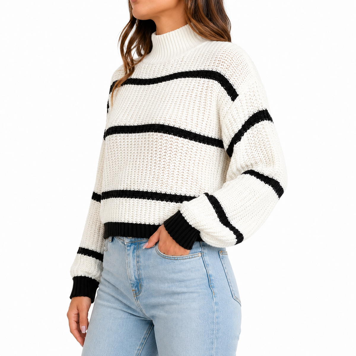 Pull Femme Grande Taille Rayé – Col Montant
