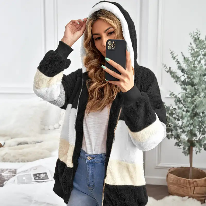 Veste Polaire Teddy Femme – Colorblock À Capuche