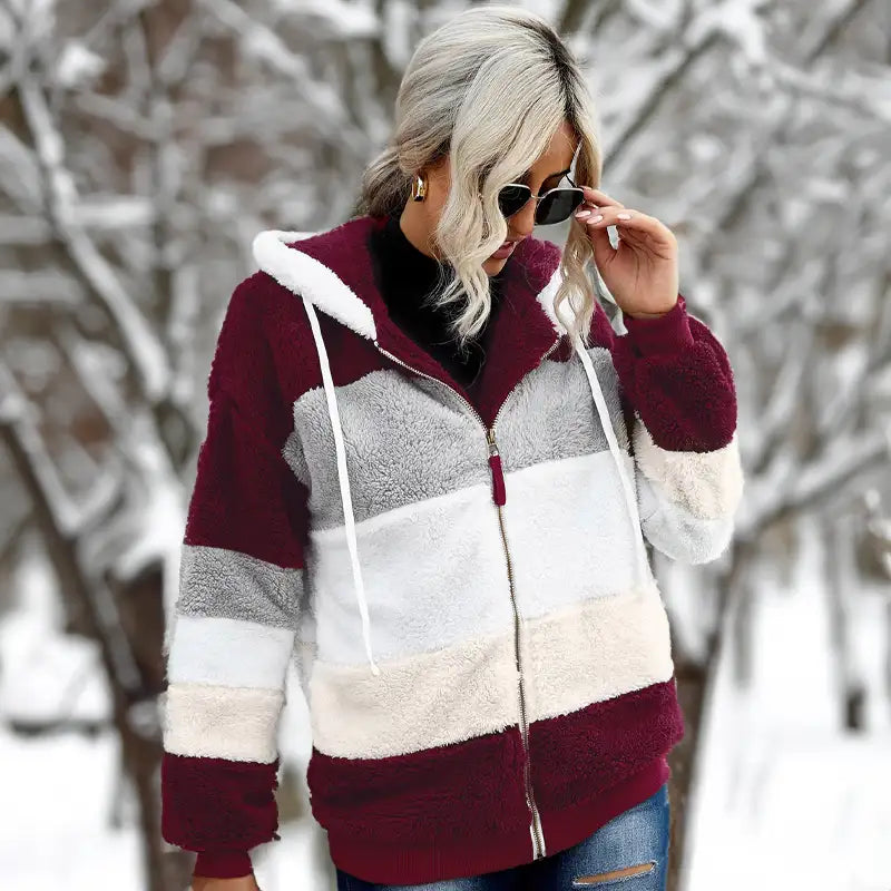 Veste Polaire Teddy Femme – Colorblock À Capuche