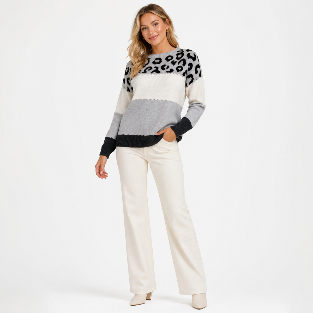 Pull Femme Grande Taille Color Block – Imprimé Léopard