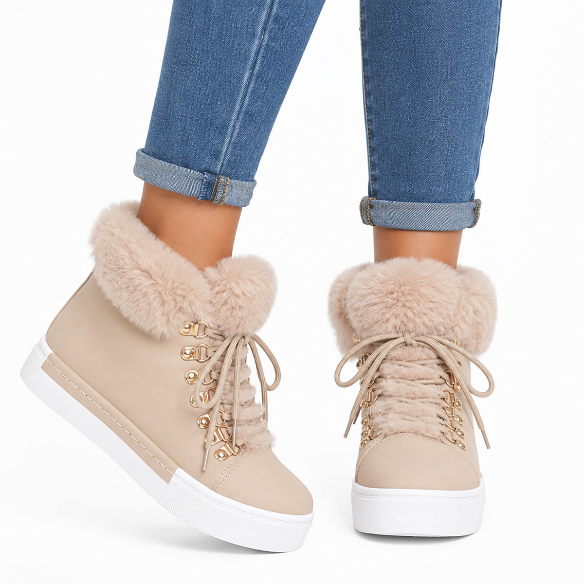 Bottines Femme À Lacets Et Col Fourrure – Effet Suédine